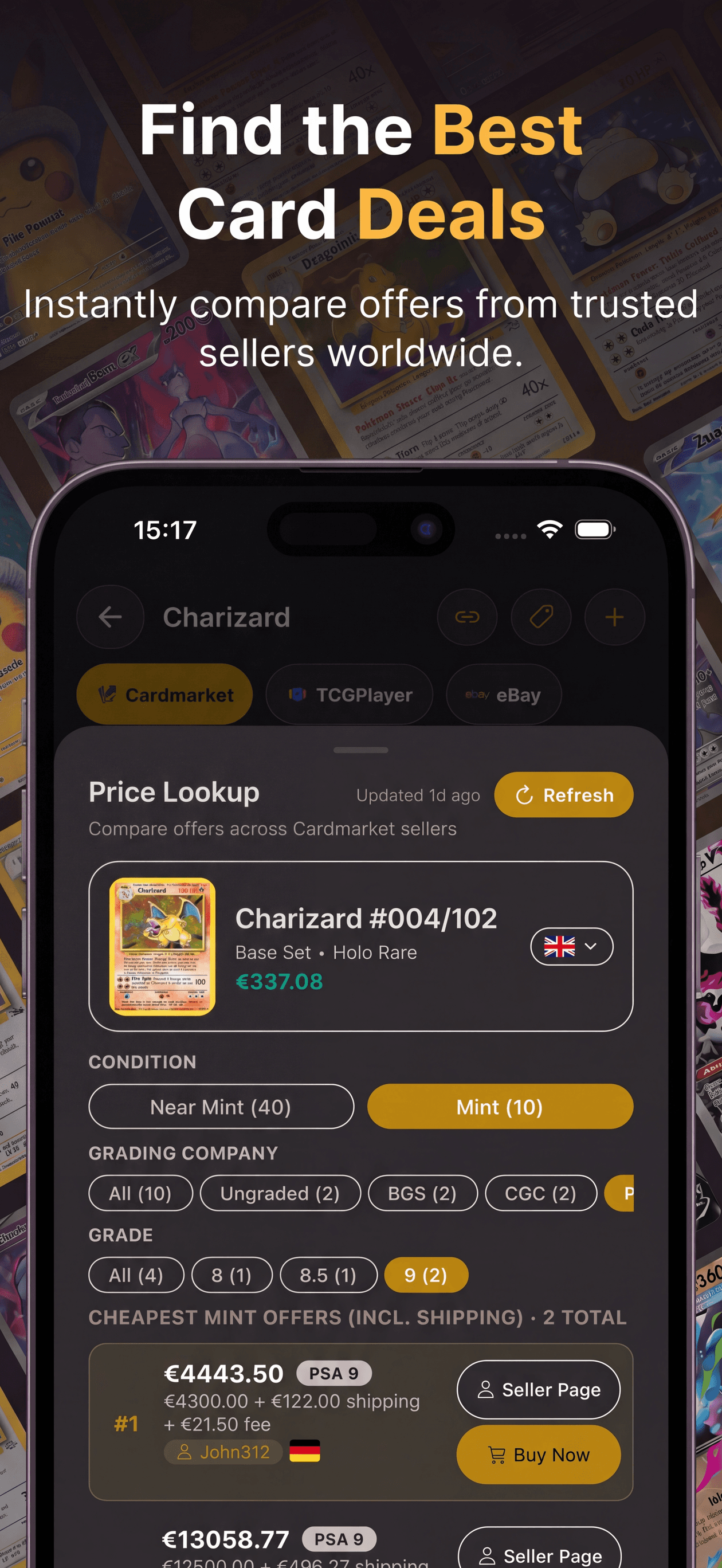 DeckTrace Cardmarket price lookup showing best card deals and seller offers